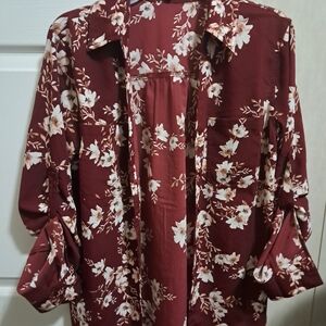 Maurices Maroon Floral Button Down Shirt